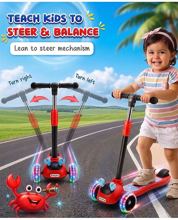 Babyhug Crab Kids Scooter with LED Wheels - Red| Adjustable Height| Lean-to-Steer| Toy for 3+ Yrs Boys & Girls|Sport Gift| Physical Activity| Plug & Play