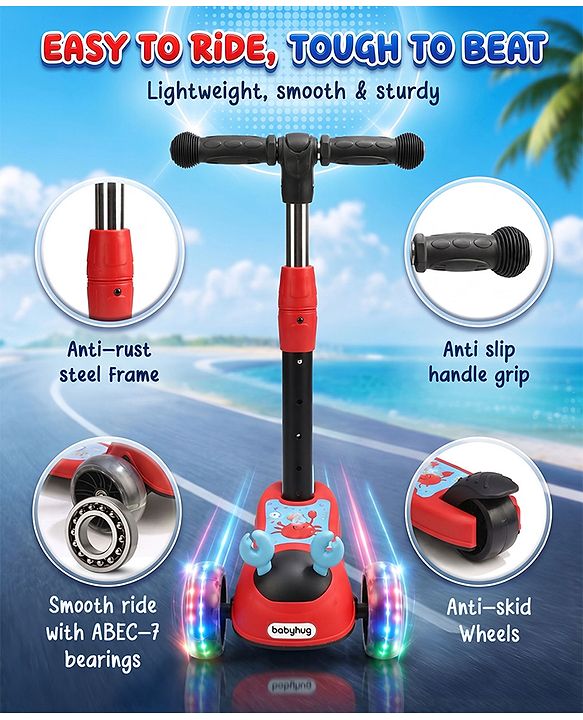 Babyhug Crab Kids Scooter with LED Wheels - Red| Adjustable Height| Lean-to-Steer| Toy for 3+ Yrs Boys & Girls|Sport Gift| Physical Activity| Plug & Play