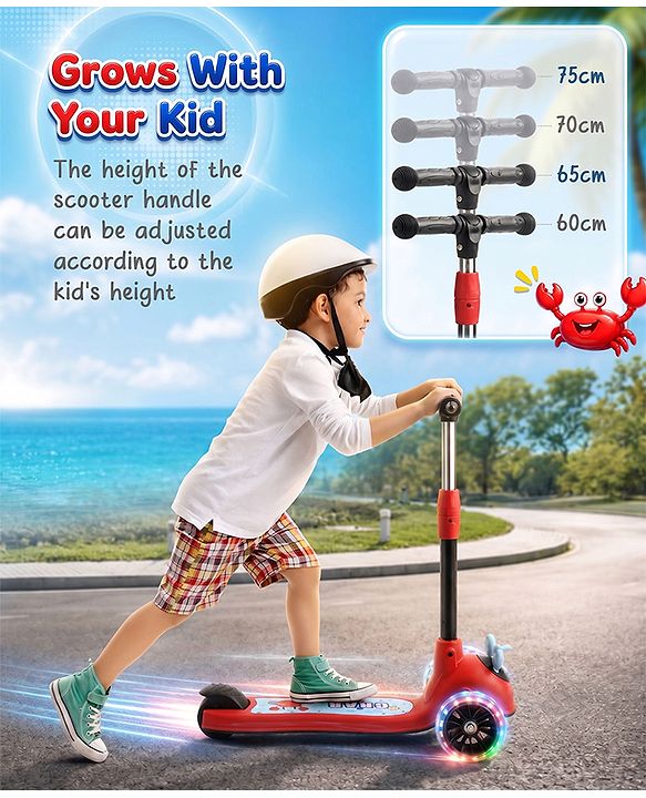 Babyhug Crab Kids Scooter with LED Wheels - Red| Adjustable Height| Lean-to-Steer| Toy for 3+ Yrs Boys & Girls|Sport Gift| Physical Activity| Plug & Play