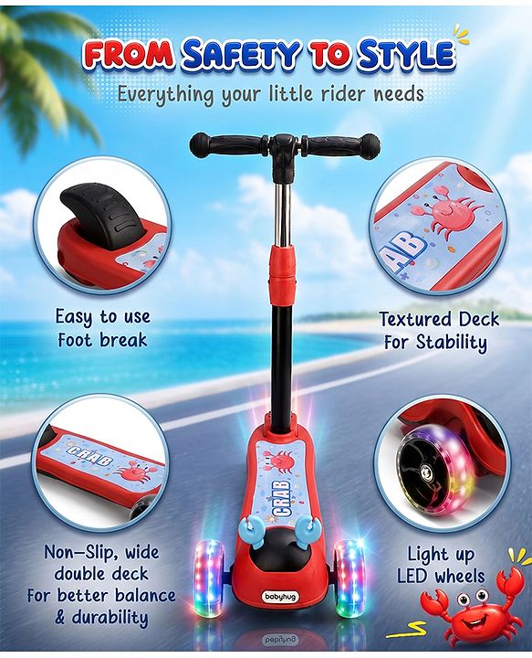 Babyhug Crab Kids Scooter with LED Wheels - Red| Adjustable Height| Lean-to-Steer| Toy for 3+ Yrs Boys & Girls|Sport Gift| Physical Activity| Plug & Play