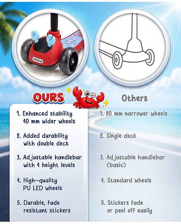 Babyhug Crab Kids Scooter with LED Wheels - Red| Adjustable Height| Lean-to-Steer| Toy for 3+ Yrs Boys & Girls|Sport Gift| Physical Activity| Plug & Play