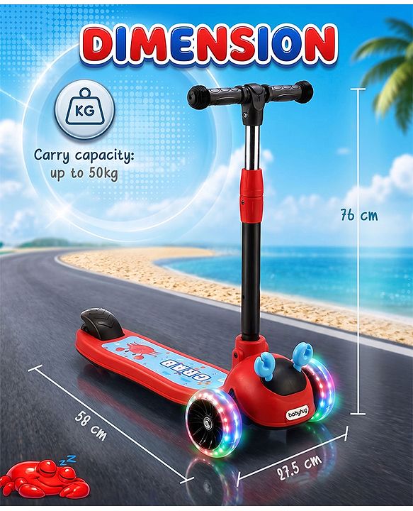 Babyhug Crab Kids Scooter with LED Wheels - Red| Adjustable Height| Lean-to-Steer| Toy for 3+ Yrs Boys & Girls|Sport Gift| Physical Activity| Plug & Play
