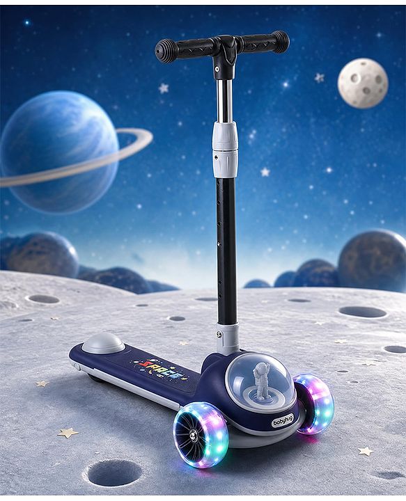 Babyhug Space Theme 3 Wheel Kids Scooter with LED Wheels - Blue| Adjustable Height| Lean-to-Steer| Toy for 3+ Years Boys & Girls | Outdoor Ride-On Toy | Physical Activity Gift| Plug & Play Assembly