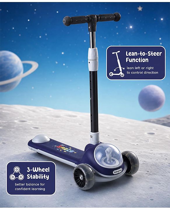 Babyhug Space Theme 3 Wheel Kids Scooter with LED Wheels - Blue| Adjustable Height| Lean-to-Steer| Toy for 3+ Years Boys & Girls | Outdoor Ride-On Toy | Physical Activity Gift| Plug & Play Assembly