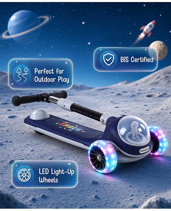 Babyhug Space Theme 3 Wheel Kids Scooter with LED Wheels - Blue| Adjustable Height| Lean-to-Steer| Toy for 3+ Years Boys & Girls | Outdoor Ride-On Toy | Physical Activity Gift| Plug & Play Assembly