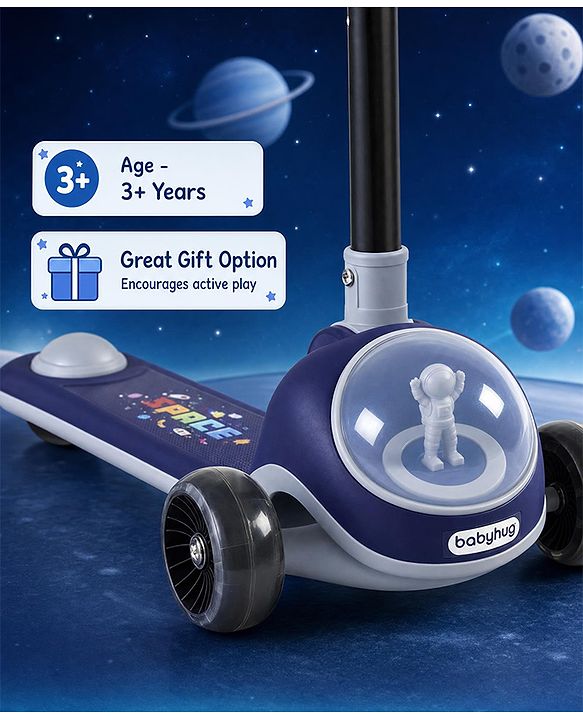 Babyhug Space Theme 3 Wheel Kids Scooter with LED Wheels - Blue| Adjustable Height| Lean-to-Steer| Toy for 3+ Years Boys & Girls | Outdoor Ride-On Toy | Physical Activity Gift| Plug & Play Assembly