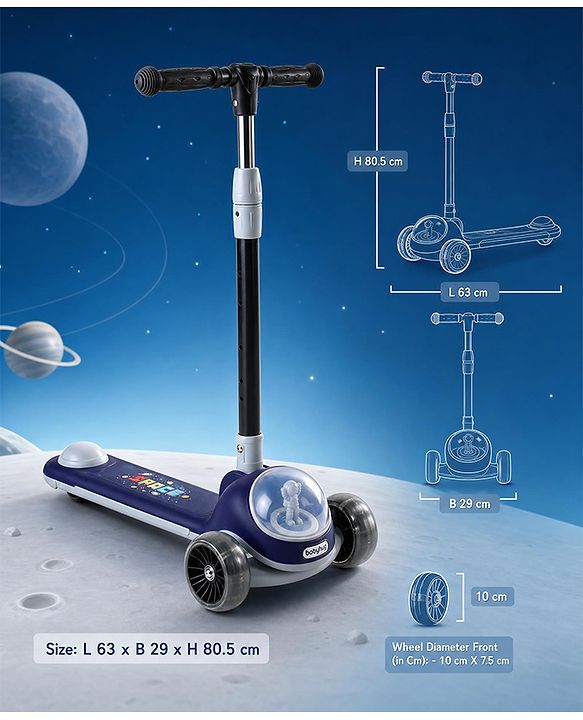 Babyhug Space Theme 3 Wheel Kids Scooter with LED Wheels - Blue| Adjustable Height| Lean-to-Steer| Toy for 3+ Years Boys & Girls | Outdoor Ride-On Toy | Physical Activity Gift| Plug & Play Assembly