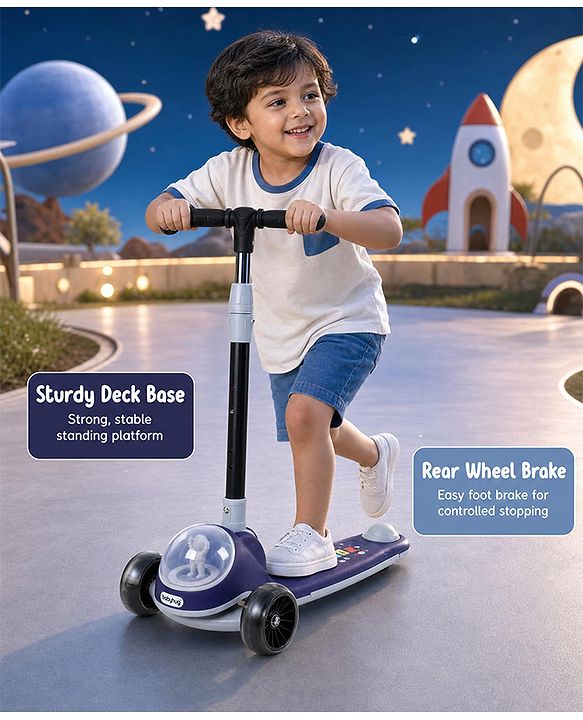 Babyhug Space Theme 3 Wheel Kids Scooter with LED Wheels - Blue| Adjustable Height| Lean-to-Steer| Toy for 3+ Years Boys & Girls | Outdoor Ride-On Toy | Physical Activity Gift| Plug & Play Assembly