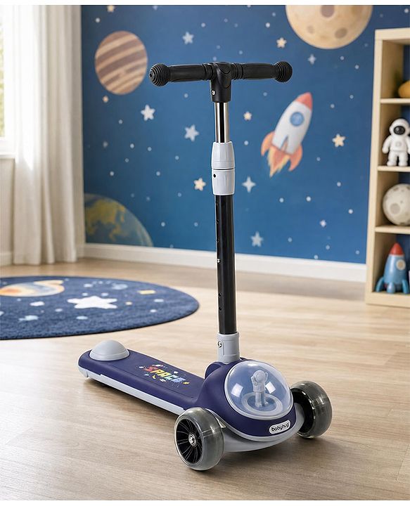 Babyhug Space Theme 3 Wheel Kids Scooter with LED Wheels - Blue| Adjustable Height| Lean-to-Steer| Toy for 3+ Years Boys & Girls | Outdoor Ride-On Toy | Physical Activity Gift| Plug & Play Assembly