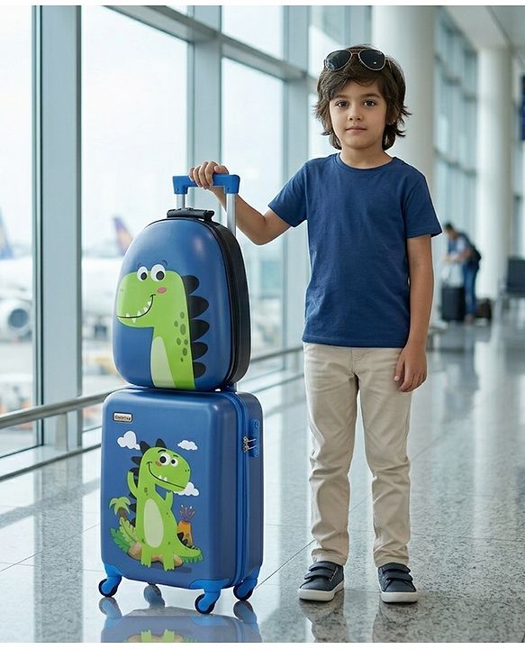Babyhug Kids Travel Trolley Suitcase 18 inch with Wheels & Backpack 15 inch Set Shock-Resistant Shell| Telescopic Handle Water-Resistant Smooth Wheels Lightweight Carry-On Easy Zipper Closure - Blue