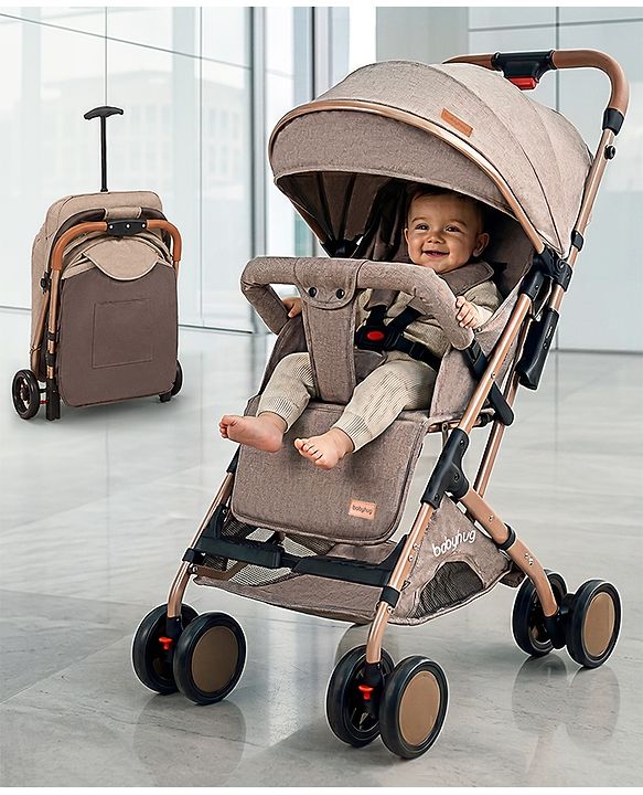 Babyhug Standard Baby Stroller with Integrated Trolley Handle - Beige | Reclining Seat| Safety Harness| Compact Fold| Lightweight Travel-Friendly| Swivel Wheel with Lock| Rear Wheels with Brake