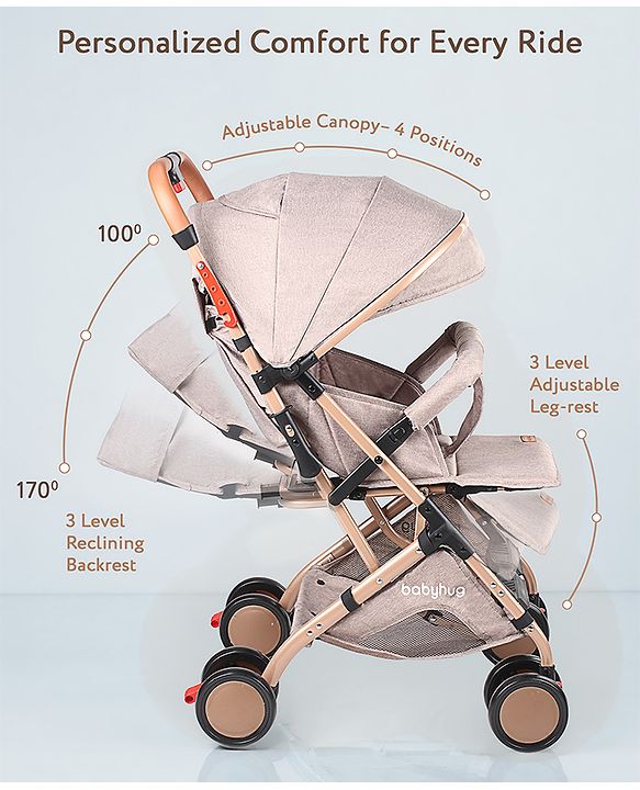 Babyhug Standard Baby Stroller with Integrated Trolley Handle - Beige | Reclining Seat| Safety Harness| Compact Fold| Lightweight Travel-Friendly| Swivel Wheel with Lock| Rear Wheels with Brake