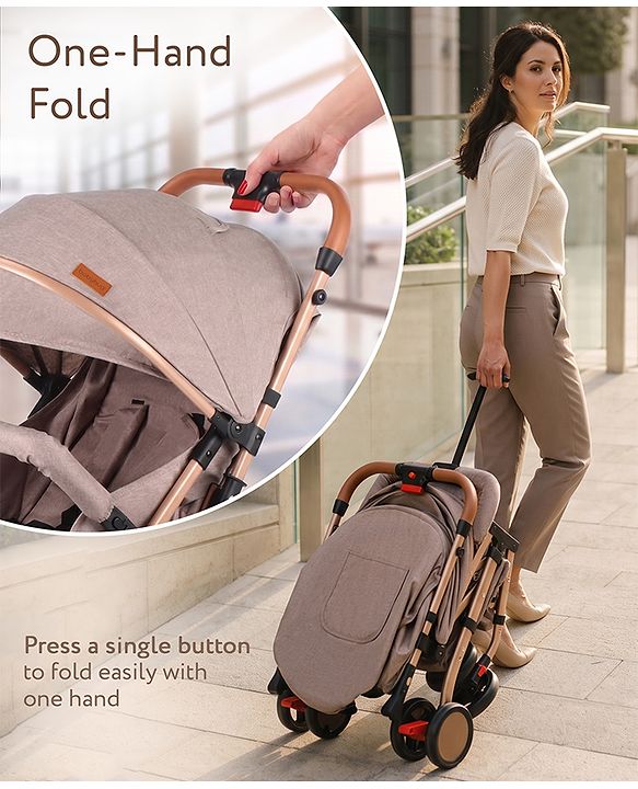 Babyhug Standard Baby Stroller with Integrated Trolley Handle - Beige | Reclining Seat| Safety Harness| Compact Fold| Lightweight Travel-Friendly| Swivel Wheel with Lock| Rear Wheels with Brake