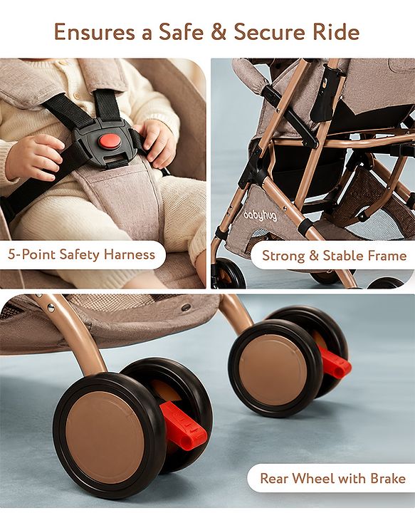 Babyhug Standard Baby Stroller with Integrated Trolley Handle - Beige | Reclining Seat| Safety Harness| Compact Fold| Lightweight Travel-Friendly| Swivel Wheel with Lock| Rear Wheels with Brake