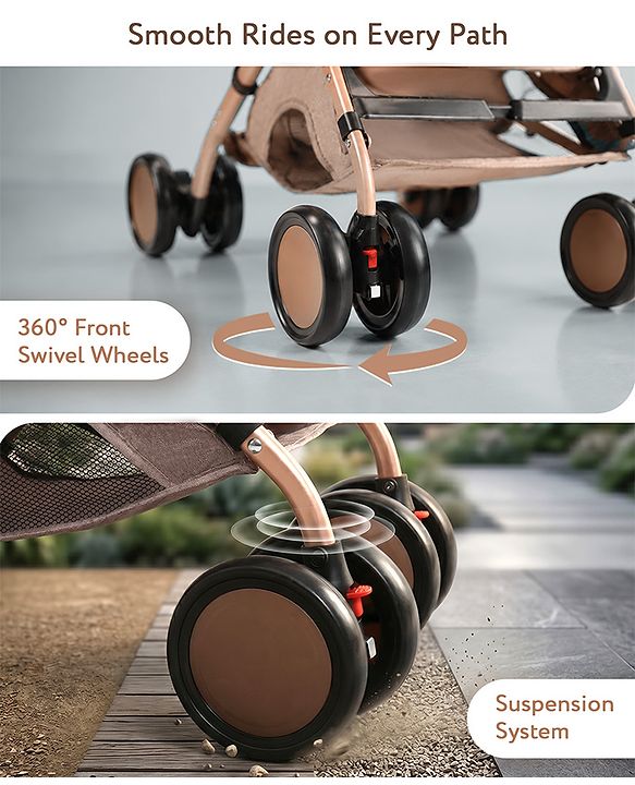 Babyhug Standard Baby Stroller with Integrated Trolley Handle - Beige | Reclining Seat| Safety Harness| Compact Fold| Lightweight Travel-Friendly| Swivel Wheel with Lock| Rear Wheels with Brake