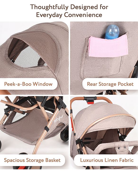 Babyhug Standard Baby Stroller with Integrated Trolley Handle - Beige | Reclining Seat| Safety Harness| Compact Fold| Lightweight Travel-Friendly| Swivel Wheel with Lock| Rear Wheels with Brake