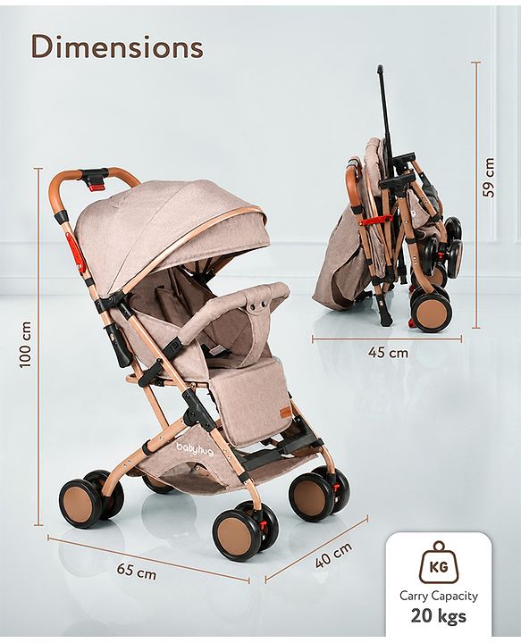 Babyhug Standard Baby Stroller with Integrated Trolley Handle - Beige | Reclining Seat| Safety Harness| Compact Fold| Lightweight Travel-Friendly| Swivel Wheel with Lock| Rear Wheels with Brake