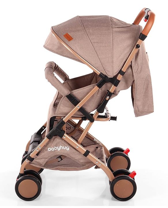 Babyhug Standard Baby Stroller with Integrated Trolley Handle - Beige | Reclining Seat| Safety Harness| Compact Fold| Lightweight Travel-Friendly| Swivel Wheel with Lock| Rear Wheels with Brake