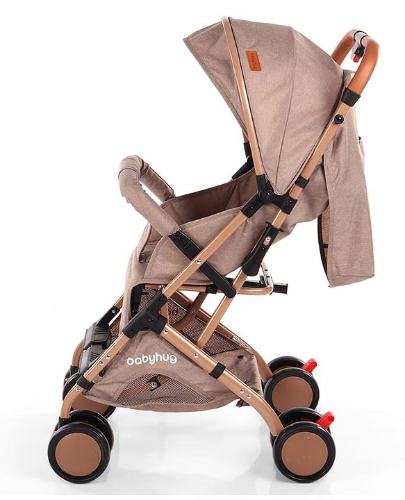 Babyhug Standard Baby Stroller with Integrated Trolley Handle - Beige | Reclining Seat| Safety Harness| Compact Fold| Lightweight Travel-Friendly| Swivel Wheel with Lock| Rear Wheels with Brake