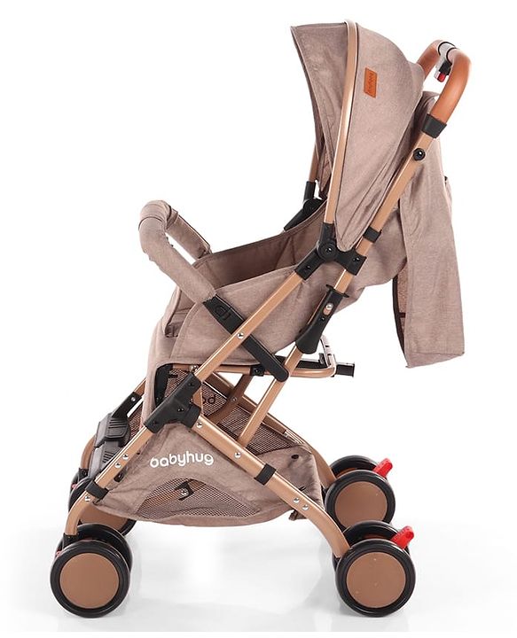 Babyhug Standard Baby Stroller with Integrated Trolley Handle - Beige | Reclining Seat| Safety Harness| Compact Fold| Lightweight Travel-Friendly| Swivel Wheel with Lock| Rear Wheels with Brake