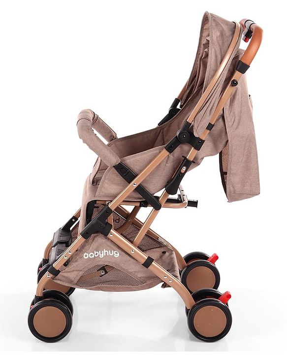 Babyhug Standard Baby Stroller with Integrated Trolley Handle - Beige | Reclining Seat| Safety Harness| Compact Fold| Lightweight Travel-Friendly| Swivel Wheel with Lock| Rear Wheels with Brake