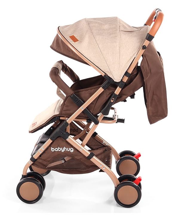 Babyhug Standard Baby Stroller with Integrated Trolley Handle - Beige | Reclining Seat| Safety Harness| Compact Fold| Lightweight Travel-Friendly| Swivel Wheel with Lock| Rear Wheels with Brake
