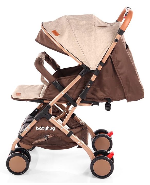 Babyhug Standard Baby Stroller with Integrated Trolley Handle - Beige | Reclining Seat| Safety Harness| Compact Fold| Lightweight Travel-Friendly| Swivel Wheel with Lock| Rear Wheels with Brake