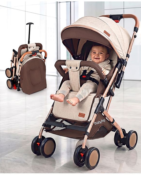 Babyhug Standard Baby Stroller with Integrated Trolley Handle - Beige | Reclining Seat| Safety Harness| Compact Fold| Lightweight Travel-Friendly| Swivel Wheel with Lock| Rear Wheels with Brake
