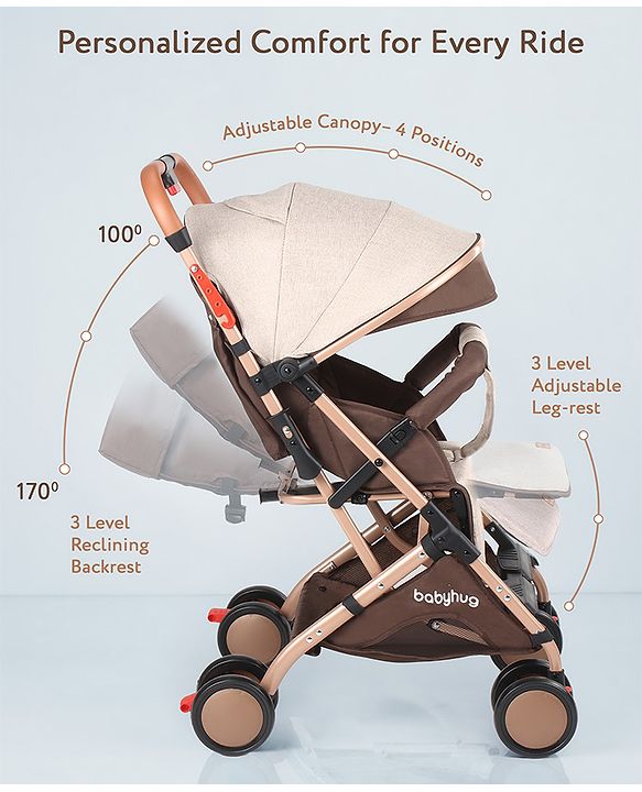 Babyhug Standard Baby Stroller with Integrated Trolley Handle - Beige | Reclining Seat| Safety Harness| Compact Fold| Lightweight Travel-Friendly| Swivel Wheel with Lock| Rear Wheels with Brake