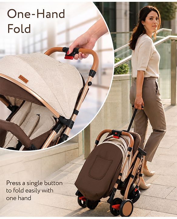 Babyhug Standard Baby Stroller with Integrated Trolley Handle - Beige | Reclining Seat| Safety Harness| Compact Fold| Lightweight Travel-Friendly| Swivel Wheel with Lock| Rear Wheels with Brake