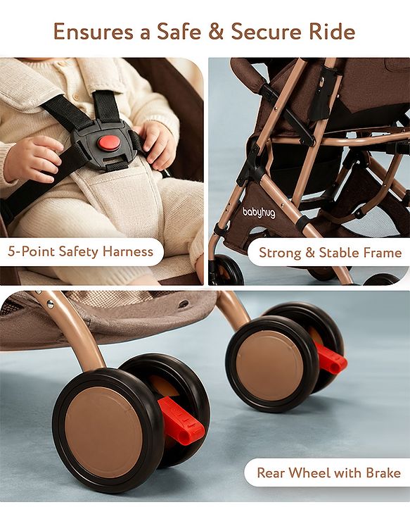 Babyhug Standard Baby Stroller with Integrated Trolley Handle - Beige | Reclining Seat| Safety Harness| Compact Fold| Lightweight Travel-Friendly| Swivel Wheel with Lock| Rear Wheels with Brake