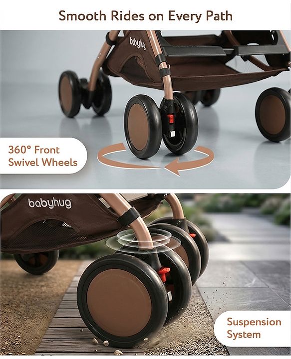 Babyhug Standard Baby Stroller with Integrated Trolley Handle - Beige | Reclining Seat| Safety Harness| Compact Fold| Lightweight Travel-Friendly| Swivel Wheel with Lock| Rear Wheels with Brake