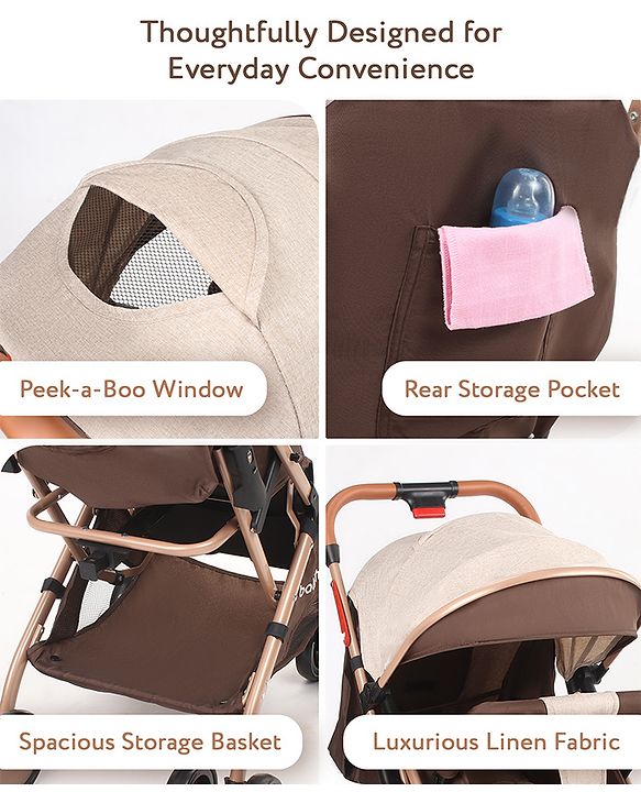 Babyhug Standard Baby Stroller with Integrated Trolley Handle - Beige | Reclining Seat| Safety Harness| Compact Fold| Lightweight Travel-Friendly| Swivel Wheel with Lock| Rear Wheels with Brake
