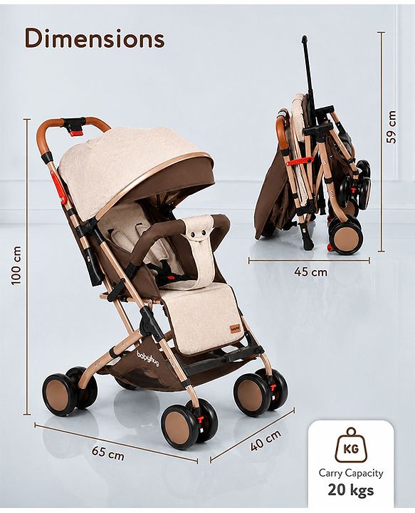 Babyhug Standard Baby Stroller with Integrated Trolley Handle - Beige | Reclining Seat| Safety Harness| Compact Fold| Lightweight Travel-Friendly| Swivel Wheel with Lock| Rear Wheels with Brake