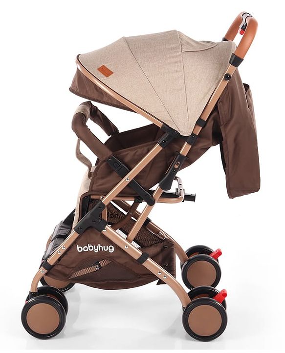 Babyhug Standard Baby Stroller with Integrated Trolley Handle - Beige | Reclining Seat| Safety Harness| Compact Fold| Lightweight Travel-Friendly| Swivel Wheel with Lock| Rear Wheels with Brake