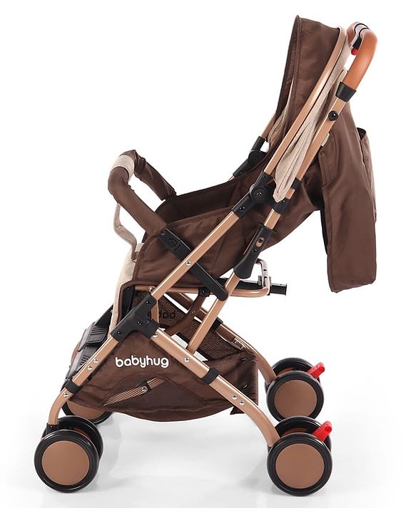 Babyhug Standard Baby Stroller with Integrated Trolley Handle - Beige | Reclining Seat| Safety Harness| Compact Fold| Lightweight Travel-Friendly| Swivel Wheel with Lock| Rear Wheels with Brake