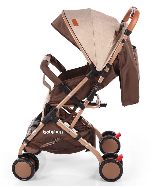 Babyhug Standard Baby Stroller with Integrated Trolley Handle - Beige | Reclining Seat| Safety Harness| Compact Fold| Lightweight Travel-Friendly| Swivel Wheel with Lock| Rear Wheels with Brake