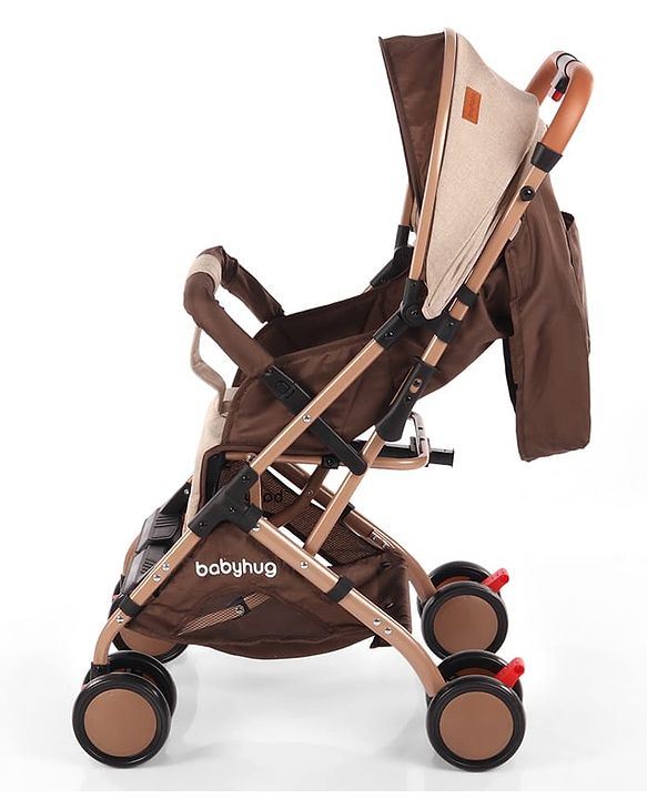Babyhug Standard Baby Stroller with Integrated Trolley Handle - Beige | Reclining Seat| Safety Harness| Compact Fold| Lightweight Travel-Friendly| Swivel Wheel with Lock| Rear Wheels with Brake