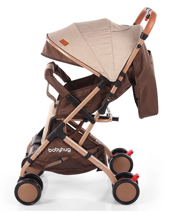Babyhug Standard Baby Stroller with Integrated Trolley Handle - Beige | Reclining Seat| Safety Harness| Compact Fold| Lightweight Travel-Friendly| Swivel Wheel with Lock| Rear Wheels with Brake