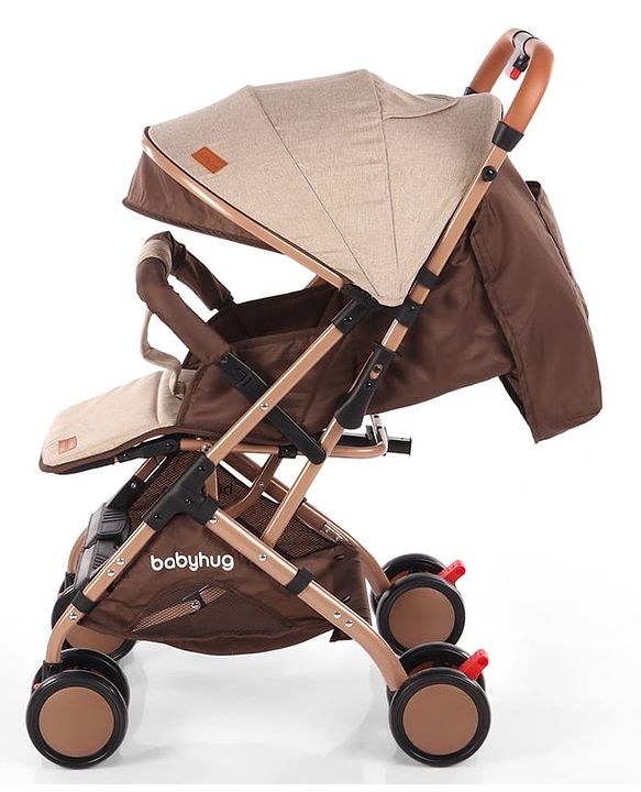 Babyhug Standard Baby Stroller with Integrated Trolley Handle - Beige | Reclining Seat| Safety Harness| Compact Fold| Lightweight Travel-Friendly| Swivel Wheel with Lock| Rear Wheels with Brake