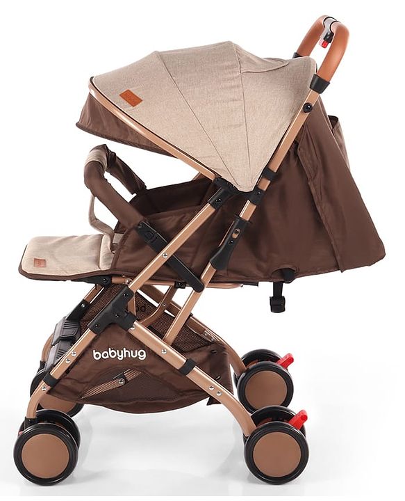 Babyhug Standard Baby Stroller with Integrated Trolley Handle - Beige | Reclining Seat| Safety Harness| Compact Fold| Lightweight Travel-Friendly| Swivel Wheel with Lock| Rear Wheels with Brake