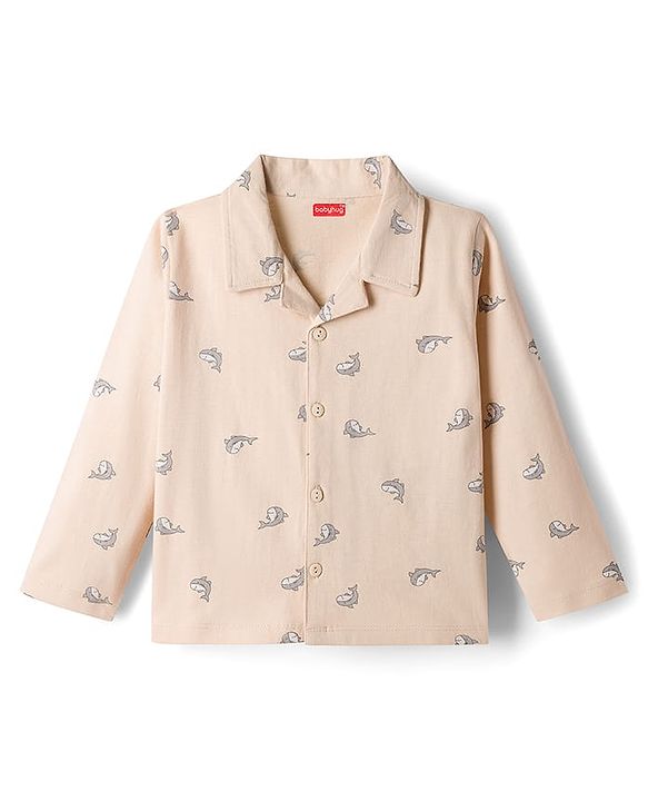 Babyhug Cotton Knit Full Sleeves Co-ord Night Suit With Shark Print - Light Pink