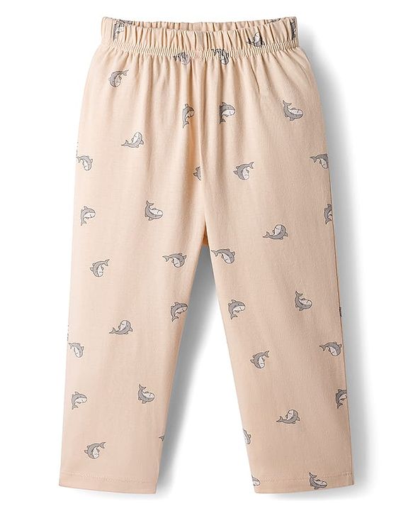 Babyhug Cotton Knit Full Sleeves Co-ord Night Suit With Shark Print - Light Pink