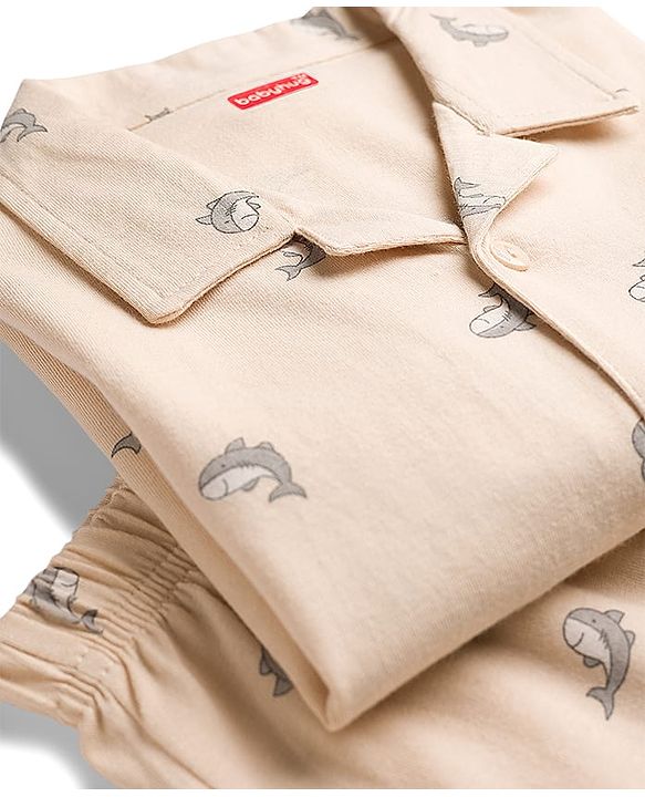 Babyhug Cotton Knit Full Sleeves Co-ord Night Suit With Shark Print - Light Pink