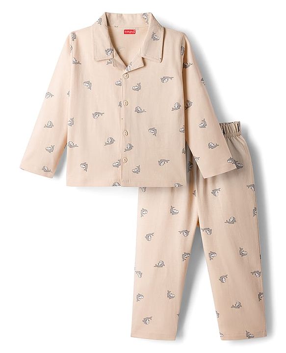 Babyhug Cotton Knit Full Sleeves Co-ord Night Suit With Shark Print - Light Pink