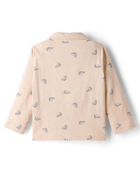 Babyhug Cotton Knit Full Sleeves Co-ord Night Suit With Shark Print - Light Pink