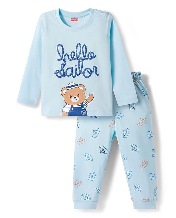 Babyhug Cotton Knit Full Sleeves Night Suit With Bear Print - Light Blue