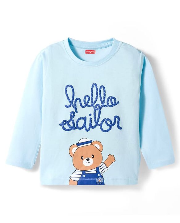 Babyhug Cotton Knit Full Sleeves Night Suit With Bear Print - Light Blue