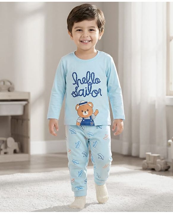 Babyhug Cotton Knit Full Sleeves Night Suit With Bear Print - Light Blue