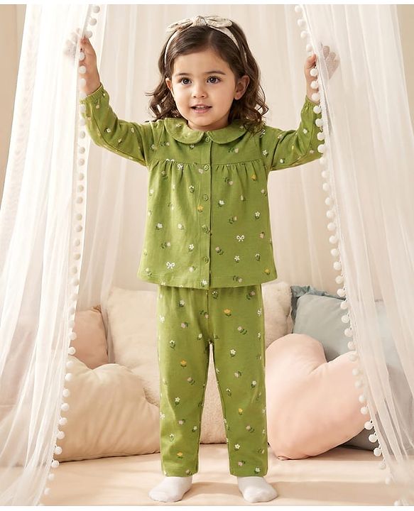 Babyhug Cotton Knit Full Sleeves Top & Pyjama Co-ord Night Suit With Floral Print - Green